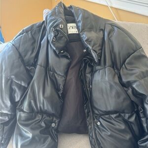 ZARA Black Leather Puffer Jacket